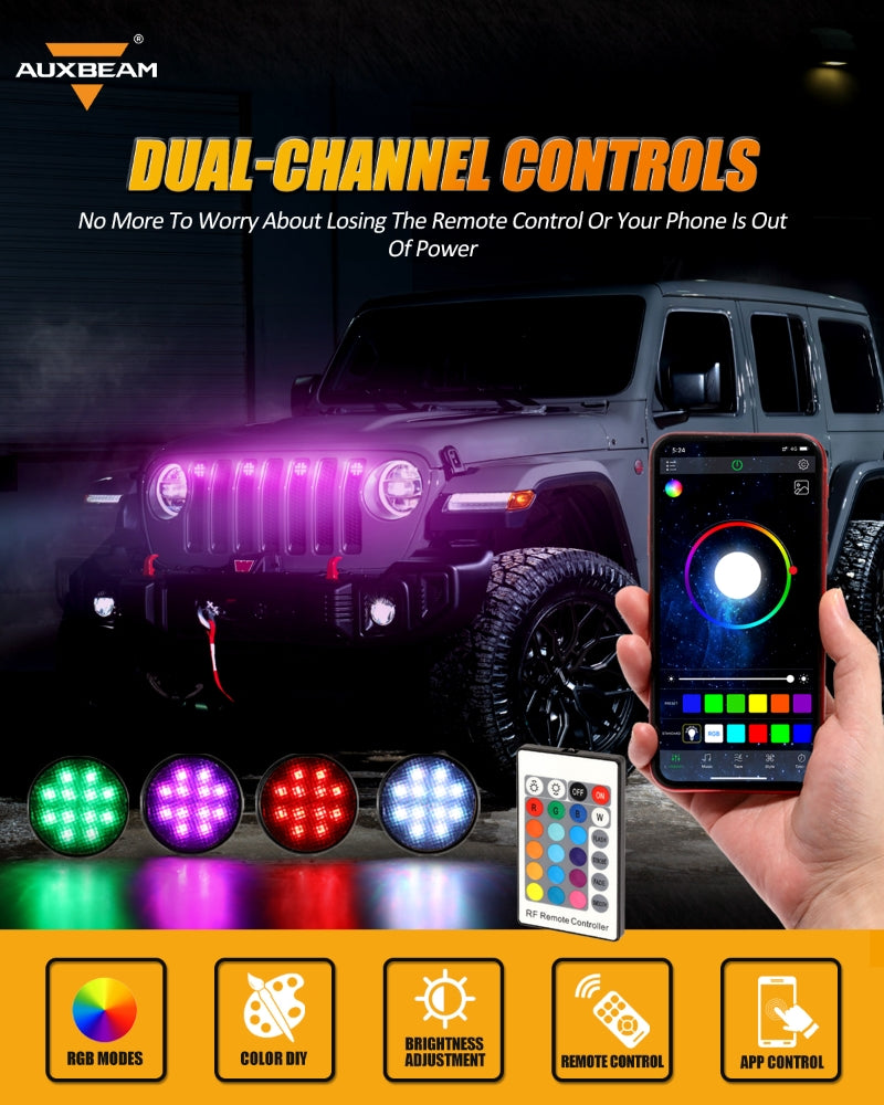 AUXBEAM 4Pcs/set Smoke Lens Shell RGBW APP+RF Remote Lights Wrangle LED Grille Lights Wiring Harness With Bracket&Tool for Wrangle JK 2007-2017