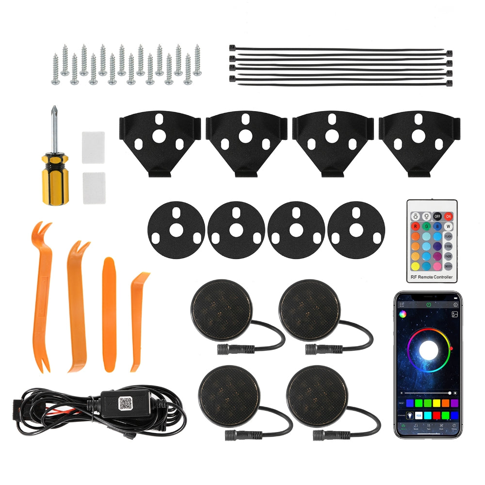 AUXBEAM 4Pcs/set Smoke Lens Shell RGBW APP+RF Remote Lights Wrangle LED Grille Lights Wiring Harness With Bracket&Tool for Wrangle JK 2007-2017