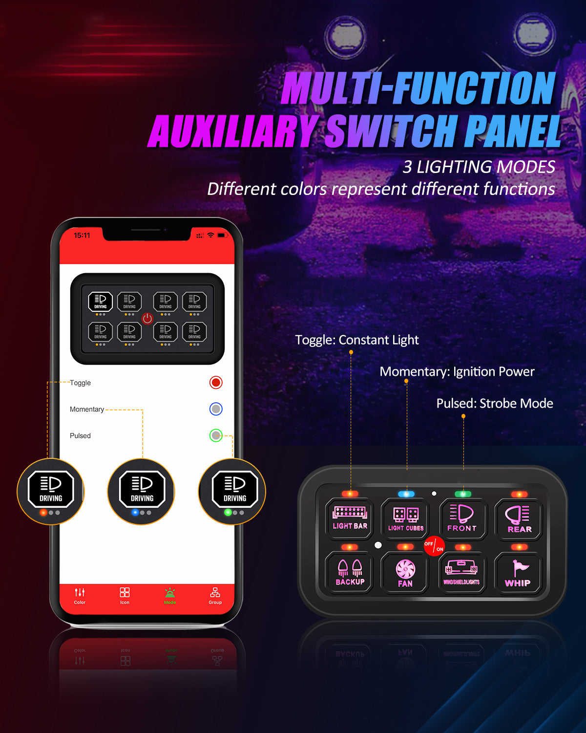 AR-800 RGB LED Switch Panel for Car Truck SUV UTV ATV, Multifunction Auxiliary Switch Panel DC 12V 24V Waterproof