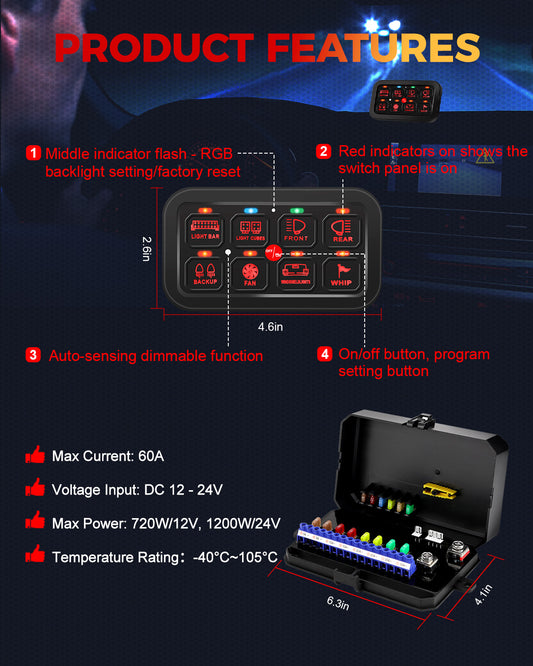 Maxswitch LED Switch Panel for Car Truck SUV UTV ATV Boat, Multifunction Auxiliary Switch Panel 12V 24V Waterproof